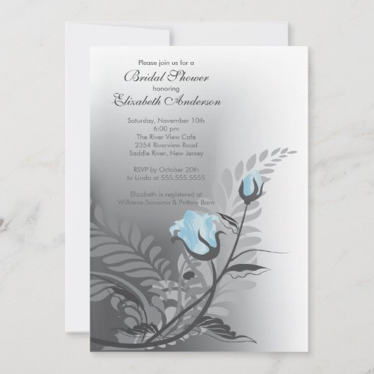 Elegant Blue Roos Bridal Shower Invitation Kaart (Voorkant)