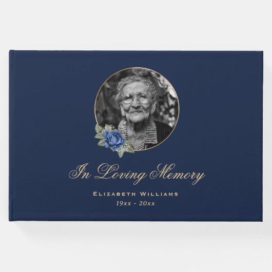 Elegant Blue Roos Gold Floral Funeral Photo Gastenboek (Voorkant)
