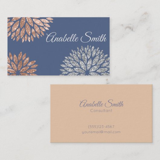 Elegant Blue Roos Gold Glitter Dahlia Floral Visitekaartje (Voorkant / Achterkant)