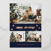 Elegant Blue Roos Gold Photo Happy Howlidays Folie Feestdagenkaart (Voorkant)