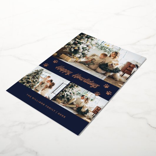 Elegant Blue Roos Gold Photo Happy Howlidays Folie Feestdagenkaart (Gedraaid)