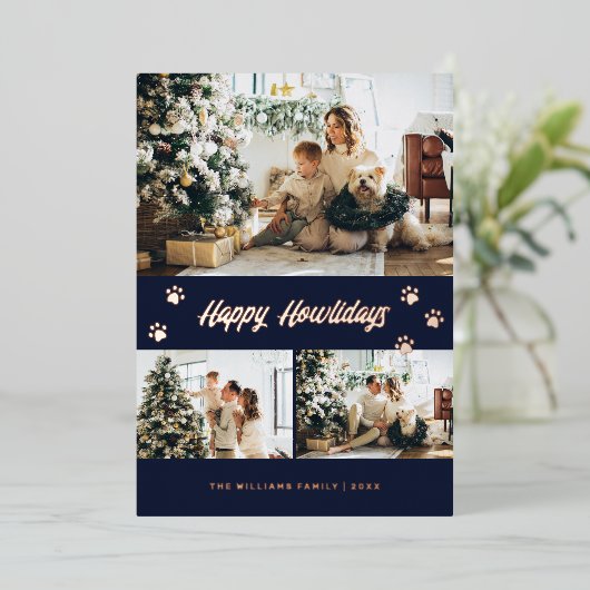 Elegant Blue Roos Gold Photo Happy Howlidays Folie Feestdagenkaart (Staand Voorkant)