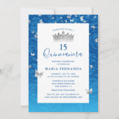 Elegant Blue Roos Silver Crown Floral Quinceanera Kaart (Voorkant)