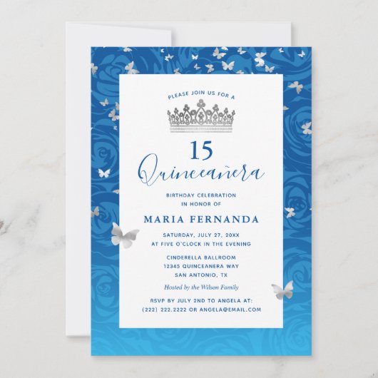 Elegant Blue Roos Silver Crown Floral Quinceanera Kaart (Voorkant)