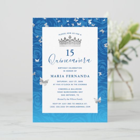 Elegant Blue Roos Silver Crown Floral Quinceanera Kaart (Staand voorkant)