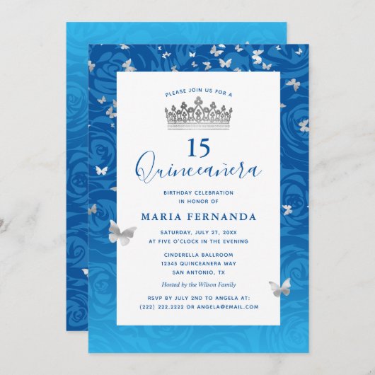 Elegant Blue Roos Silver Crown Floral Quinceanera Kaart (Voorkant / Achterkant)