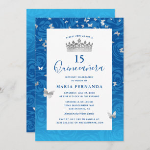 Elegant Blue Roos Silver Crown Floral Quinceanera Kaart