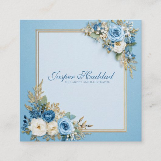Elegant Blue Rose Floral Gold Frame Modern Powder Vierkante Visitekaartje (Voorkant)