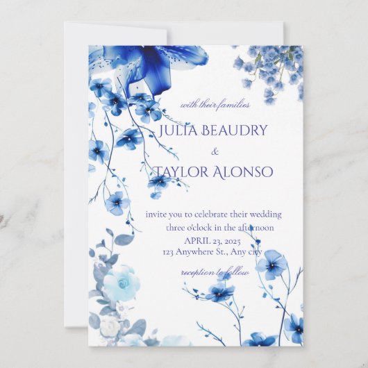 Elegant Blue Rose Wedding Invite Kaart (Voorkant)
