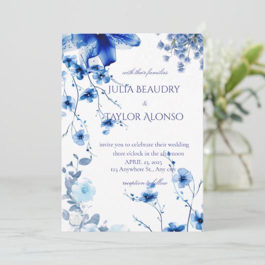 Elegant Blue Rose Wedding Invite Kaart (Staand voorkant)