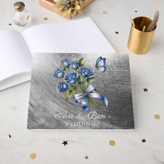 Elegant Blue Roses and Butterfly Silver Wedding Gastenboek (Voorkant open)