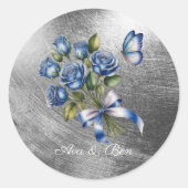 Elegant Blue Roses and Butterfly Silver Wedding Ronde Sticker (Voorkant)