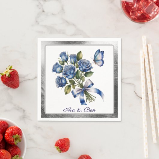 Elegant Blue Roses and Butterfly Silver Wedding Servet (Insitu)