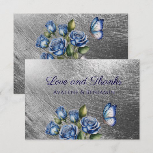 Elegant Blue Roses Butterfly Silver Wedding Bedankkaart (Voorkant / Achterkant)