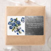 Elegant Blue Roses & Butterfly Silver Wedding Etiket (Insitu)