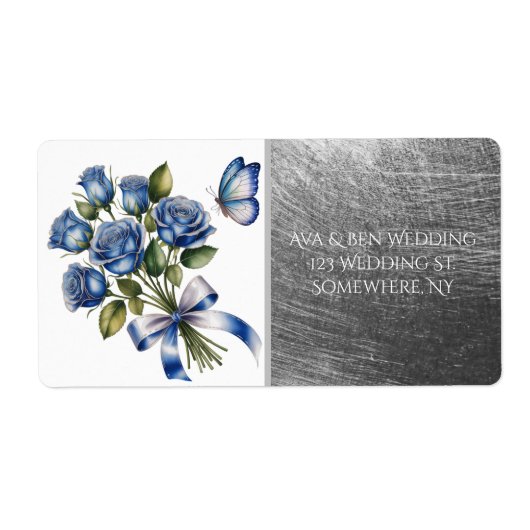 Elegant Blue Roses & Butterfly Silver Wedding Etiket (Voorkant)