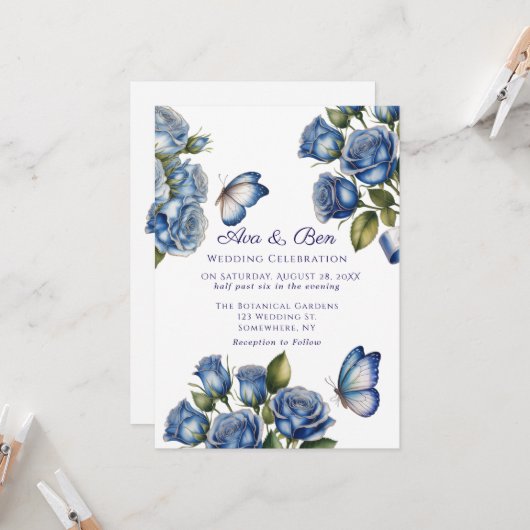Elegant Blue Roses Butterfly Silver Wedding Kaart (Voorkant / Achterkant in situ)
