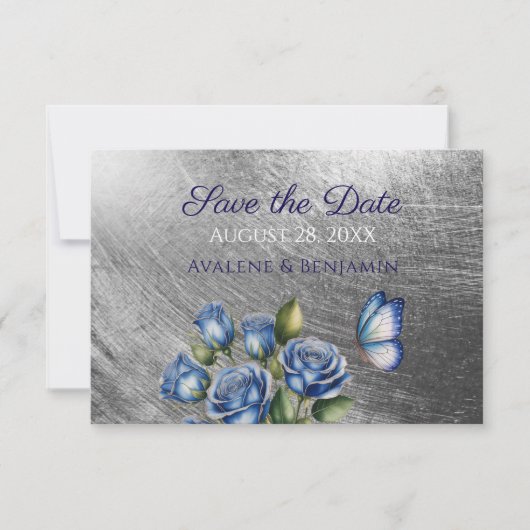 Elegant Blue Roses Butterfly Silver Wedding Save The Date (Voorkant)