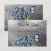 Elegant Blue Roses Butterfly Silver Wedding Save The Date (Voorkant / Achterkant)