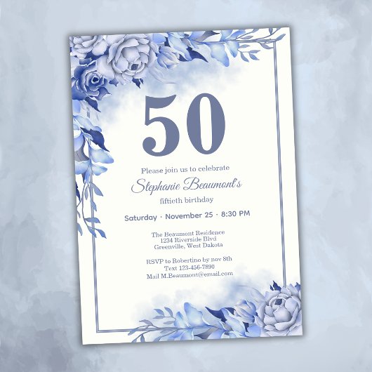 Elegant Blue Roses Floral Women's 50th Birthday  Kaart