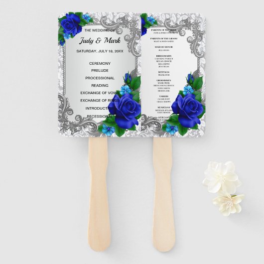 Elegant Blue Roses Huwelijksprogramma Handwaaier (Voorkant en achterkant)