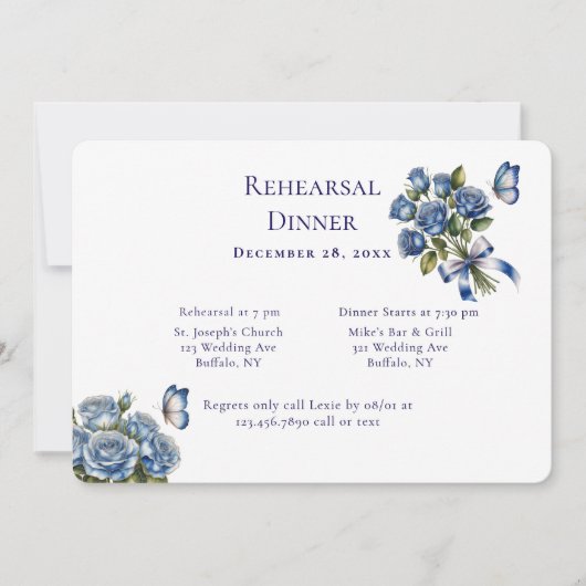 Elegant Blue Roses Silver Rehearsal Dinner Kaart (Voorkant)