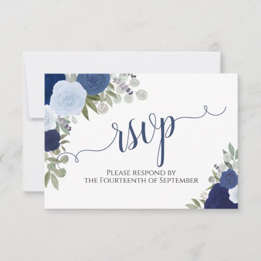 Elegant Blue Rozen Floral Calligraphy Wedding RSVP (Voorkant)