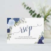 Elegant Blue Rozen Floral Calligraphy Wedding RSVP (Staand voorkant)