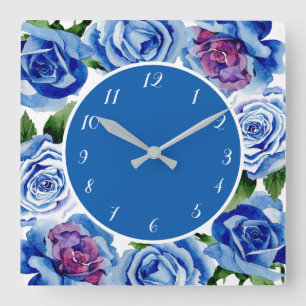 Elegant Blue Rozen Floral Decoratief Vierkante Klok