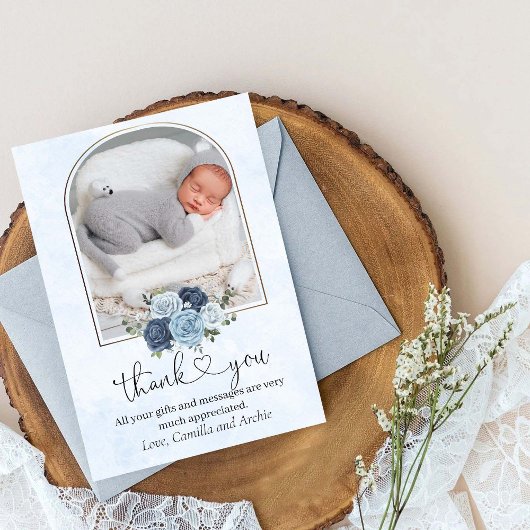 Elegant Blue Rozen Greenery Baptism Christening Bedankkaart