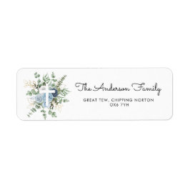 Elegant Blue Rozen Greenery Baptism Christening Etiket