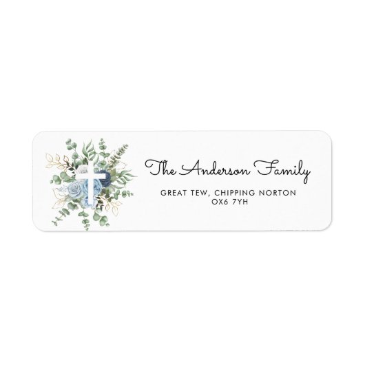 Elegant Blue Rozen Greenery Baptism Christening Etiket (Voorkant)