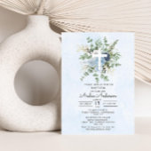 Elegant Blue Rozen Greenery Baptism Christening Kaart