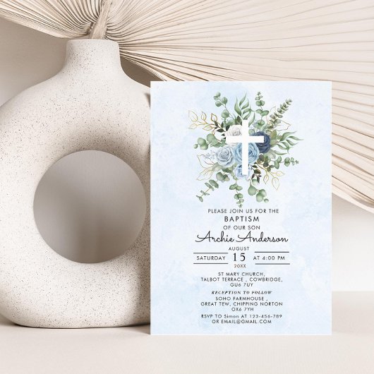 Elegant Blue Rozen Greenery Baptism Christening Kaart