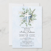 Elegant Blue Rozen Greenery Baptism Christening Kaart (Voorkant)