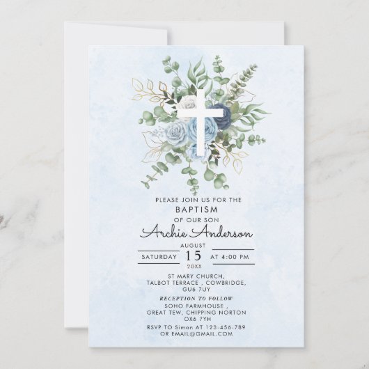 Elegant Blue Rozen Greenery Baptism Christening Kaart (Voorkant)