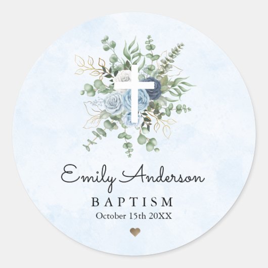 Elegant Blue Rozen Greenery Baptism Christening Ronde Sticker (Voorkant)