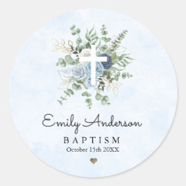 Elegant Blue Rozen Greenery Baptism Christening Ronde Sticker