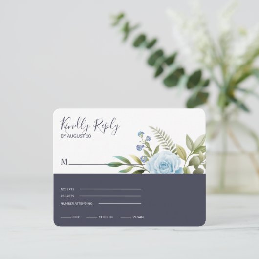 Elegant Blue Rozen RSVP Kaartje (Staand voorkant)
