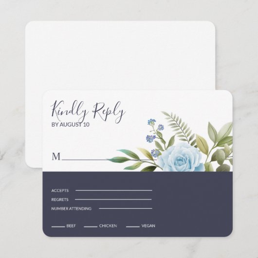 Elegant Blue Rozen RSVP Kaartje (Voorkant / Achterkant)