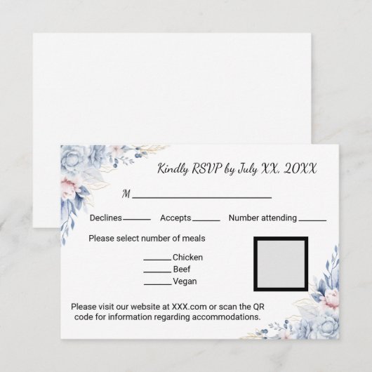 Elegant Blue Rozen RSVP Kaartje (Voorkant / Achterkant)