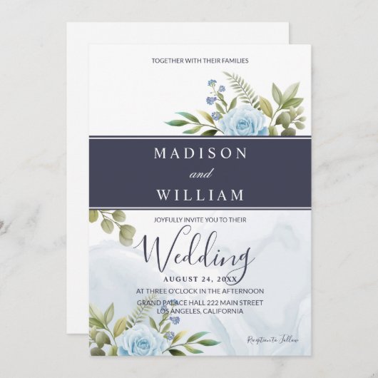 Elegant Blue Rozen Wedding Kaart (Voorkant / Achterkant)