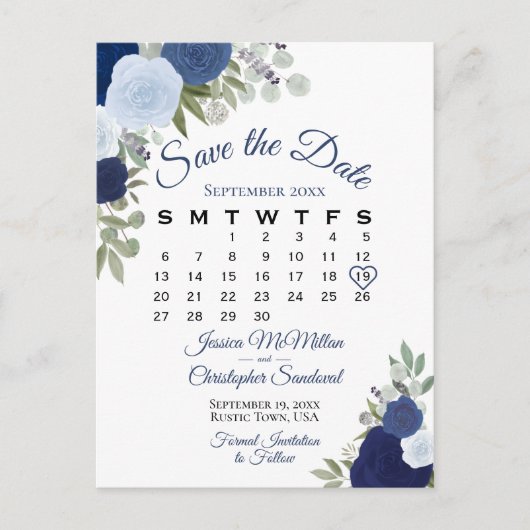 Elegant Blue Rozen Wedding Save the Date Calendar Aankondigingskaart (Voorkant)