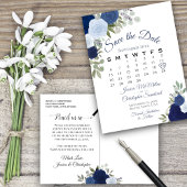 Elegant Blue Rozen Wedding Save the Date Calendar Aankondigingskaart