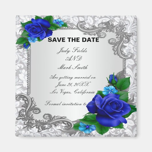 Elegant Blue Rozen Wedding Save the Date Magnet (Voorkant)