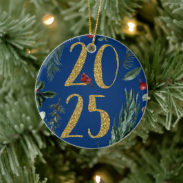 Elegant Blue Rustic 2025 Nieuwjaar vakantie Kaart Keramisch Ornament