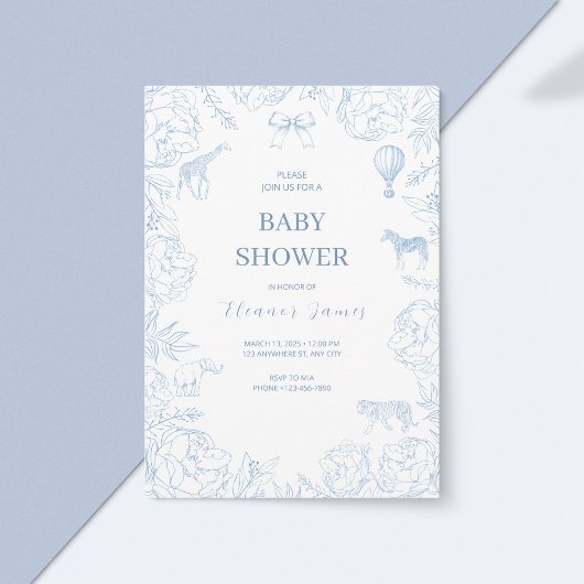 Elegant Blue Safari Baby shower Kaart