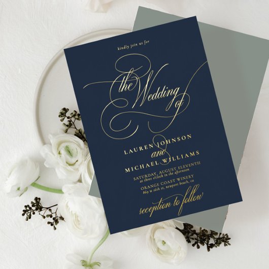 Elegant Blue Sage Gold Modern Calligraphy Wedding Folie Uitnodiging