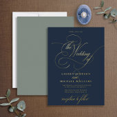 Elegant Blue Sage Gold Modern Calligraphy Wedding Folie Uitnodiging
