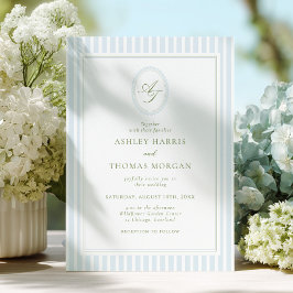 Elegant Blue & Sage Monogram Wedding Invitation Kaart